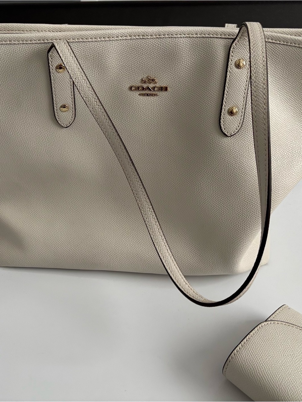Coach Cream Leather Tote with Gold Logo and Straps